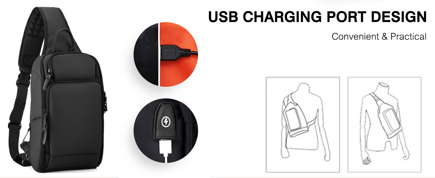 Чоловіча сумка-слінг FANDARE з великою місткістю та USB-портом. Спортивна сумка-рюкзак для подорожей, туризму та активного відпочинку. Водонепроникний поліестер, чорний колір.
