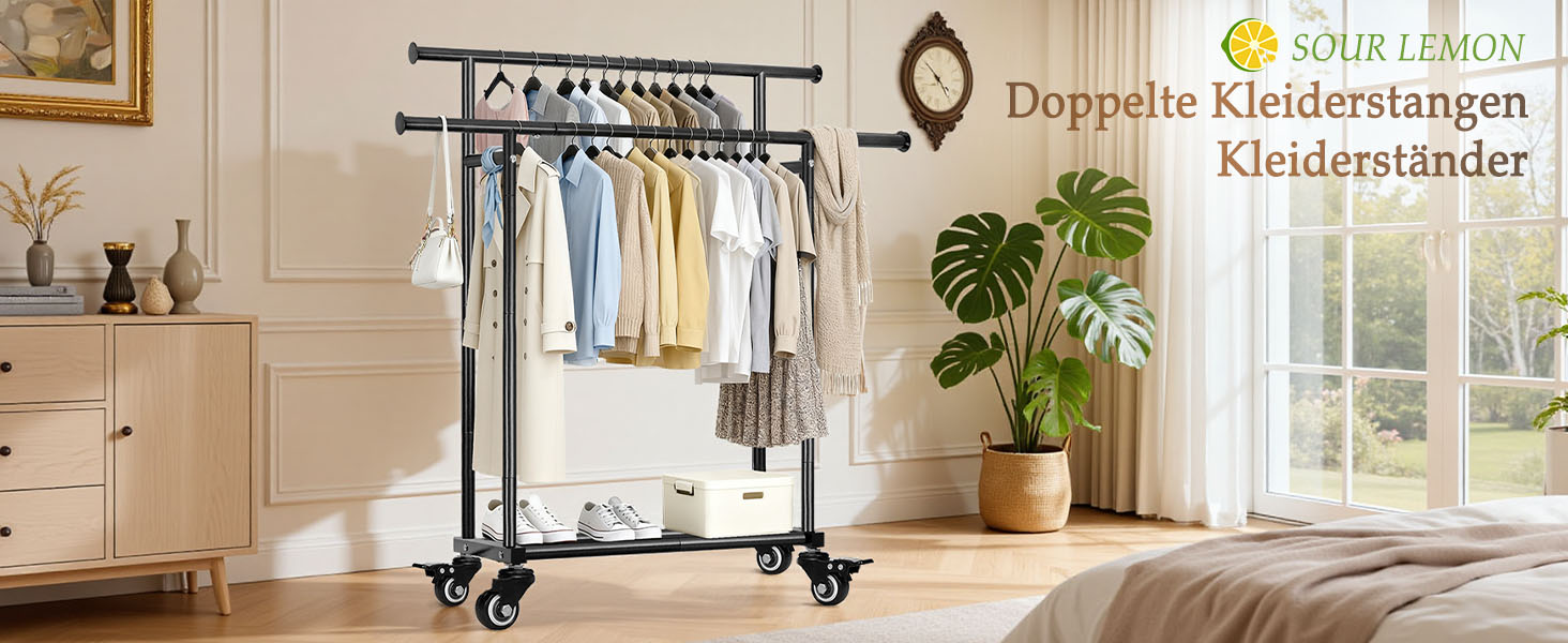 Підвісна шафа Treeboy на колесах, мобільний вішальник для одягу з 2 перекладинами та полицею, стабільний до 95 кг, легкі колеса, швидкий монтаж для спальні, вітальні, пральні, гардеробної, золото 41Tx113Bx162H(2Rods)