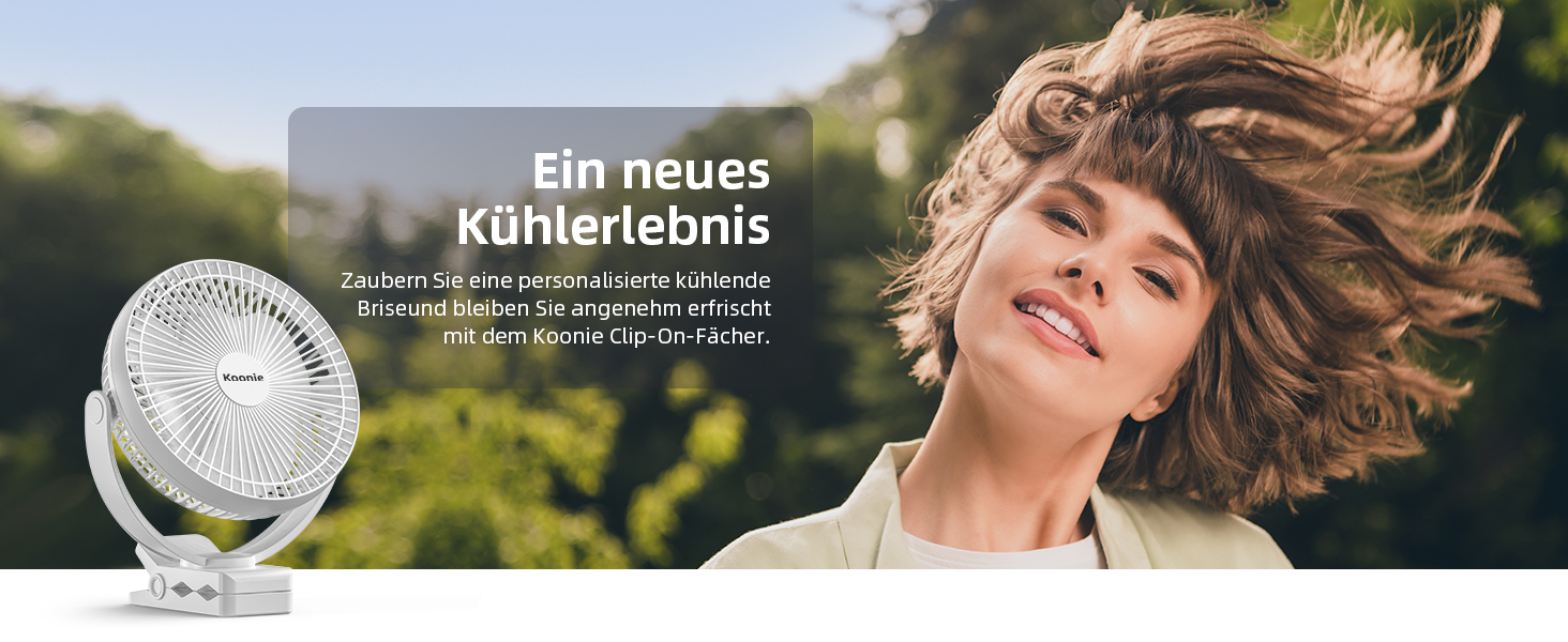 Вентилятор Koonie 10000 mAh з кліпсою, 20 см, портативний USB, акумуляторний, 4 швидкості, 360° оберт, тихий, для дому, офісу, дитячої коляски, кемпінгу, гроубокса (білий)