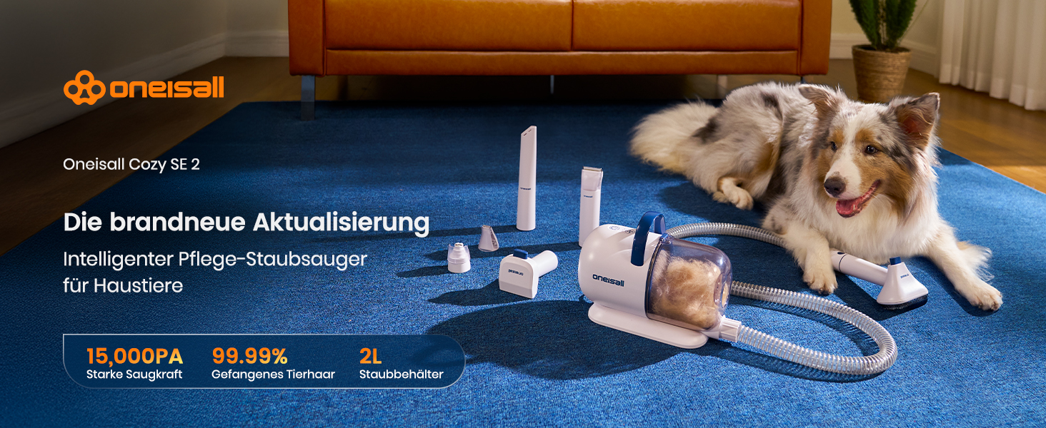 Машинка для стрижки собак Oneisall з пилососом, потужність 12000 Па, видаляє 99.99% шерсті, тиха, для собак та котів, 7 насадок