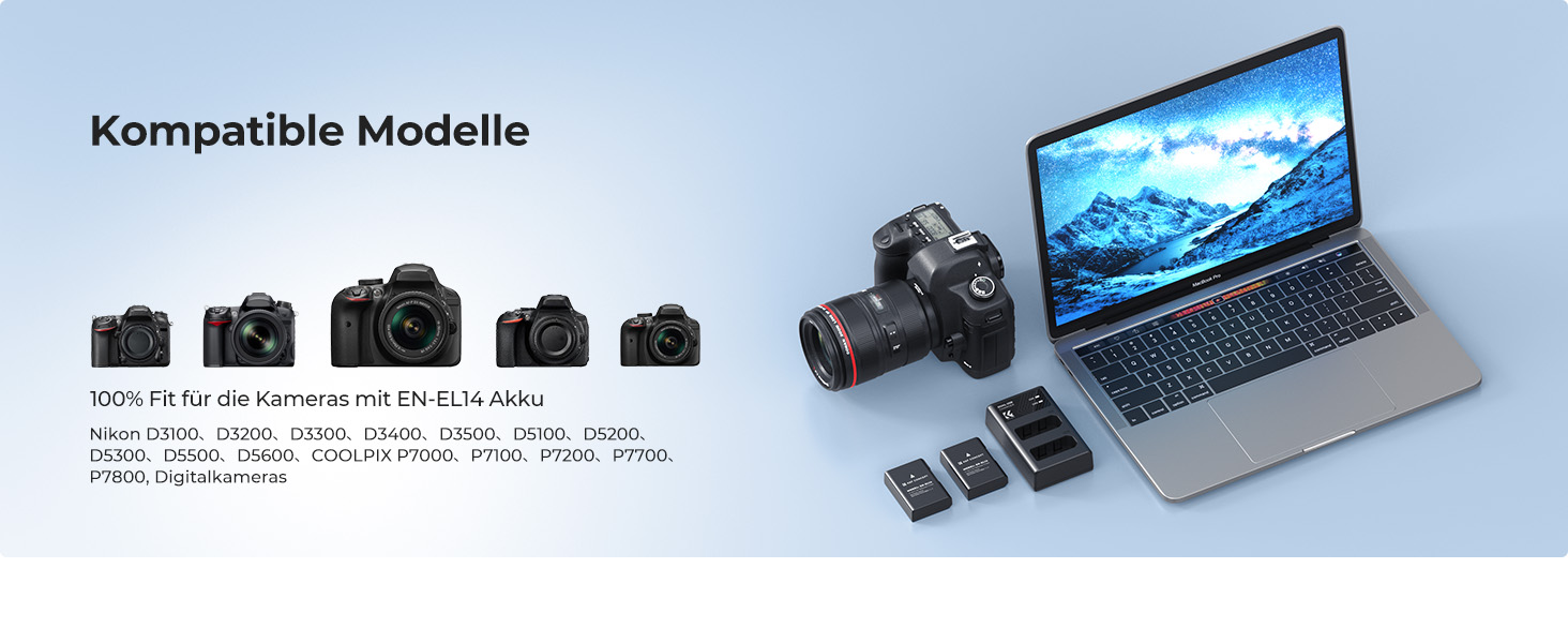 Акумулятор K&F CONCEPT EN-EL14 (2 шт.) та зарядний пристрій 2xUSB для Nikon D3500, D5600, D3200, D3300, D3400, D5500, Coolpix P7800, P7700, P7200, P7100, P7000