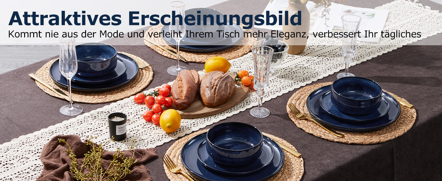 Набір посуду Onader на 6 осіб (18 предметів) - Тарілки, миски, десертні тарілки, кераміка, блакитний, для миття в посудомийній машині