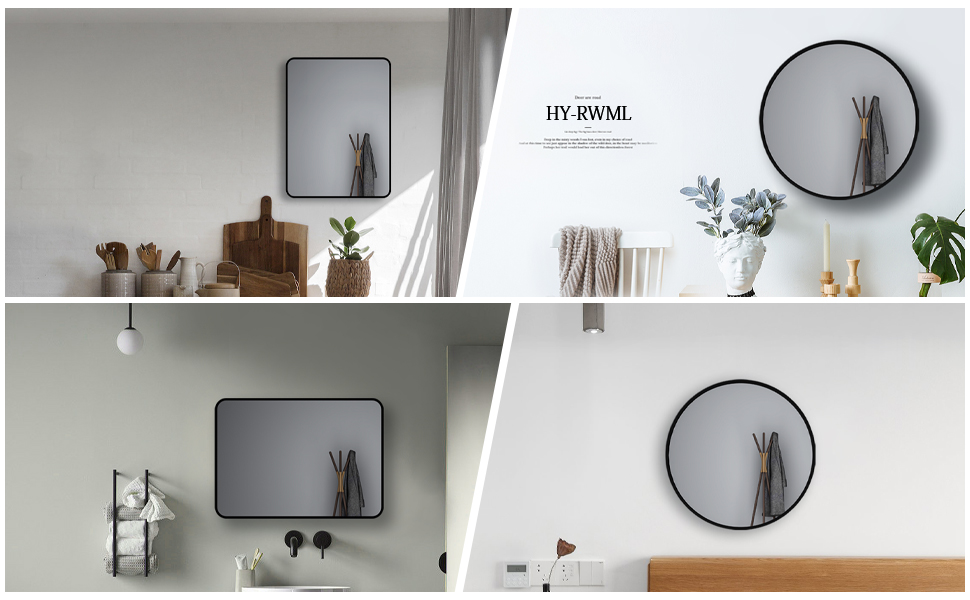 Дзеркало настінне прямокутне з заокругленими кутами, 40x60 см, чорне, нержавіюча сталь. Підходить для ванної кімнати та вітальні.