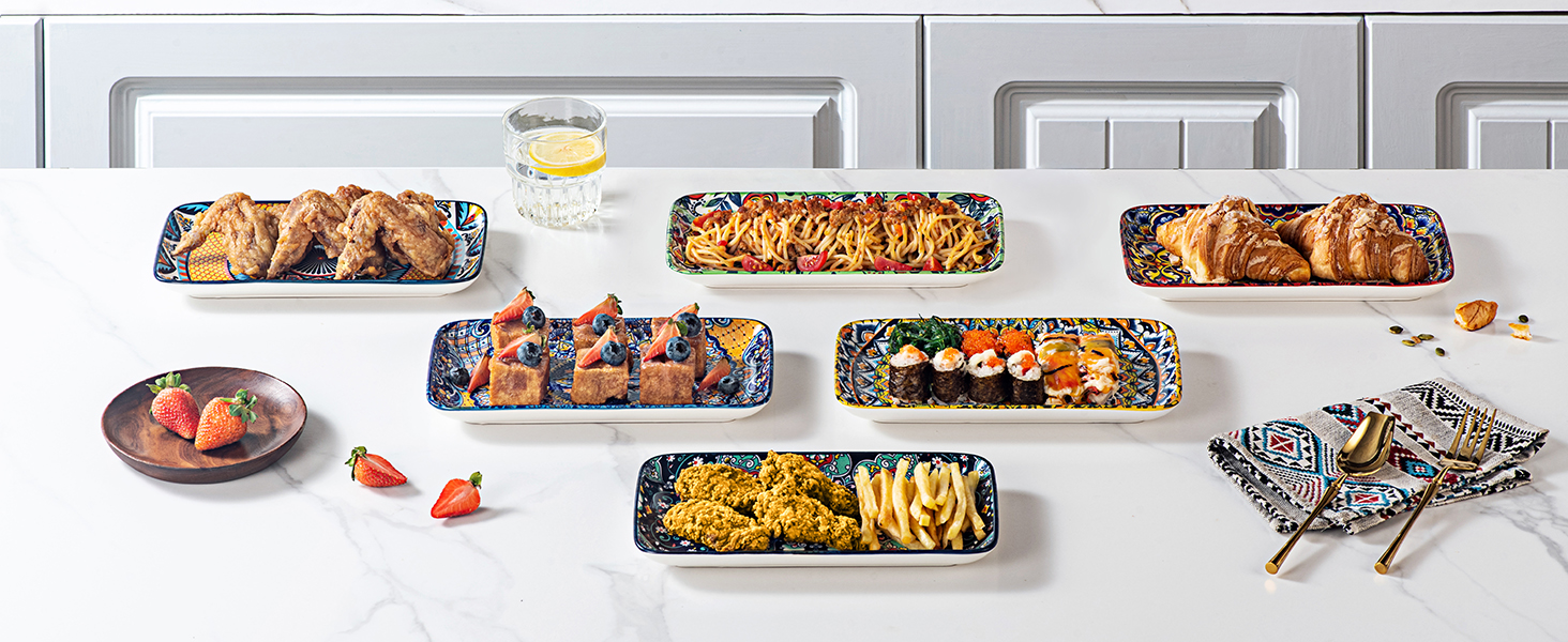 Сервіровочні тарілки HENXFEN з порцеляни, 10 дюймів, набір прямокутних тарілок для салату, закусок, сашимі, богемний квітковий дизайн у 6 яскравих кольорах