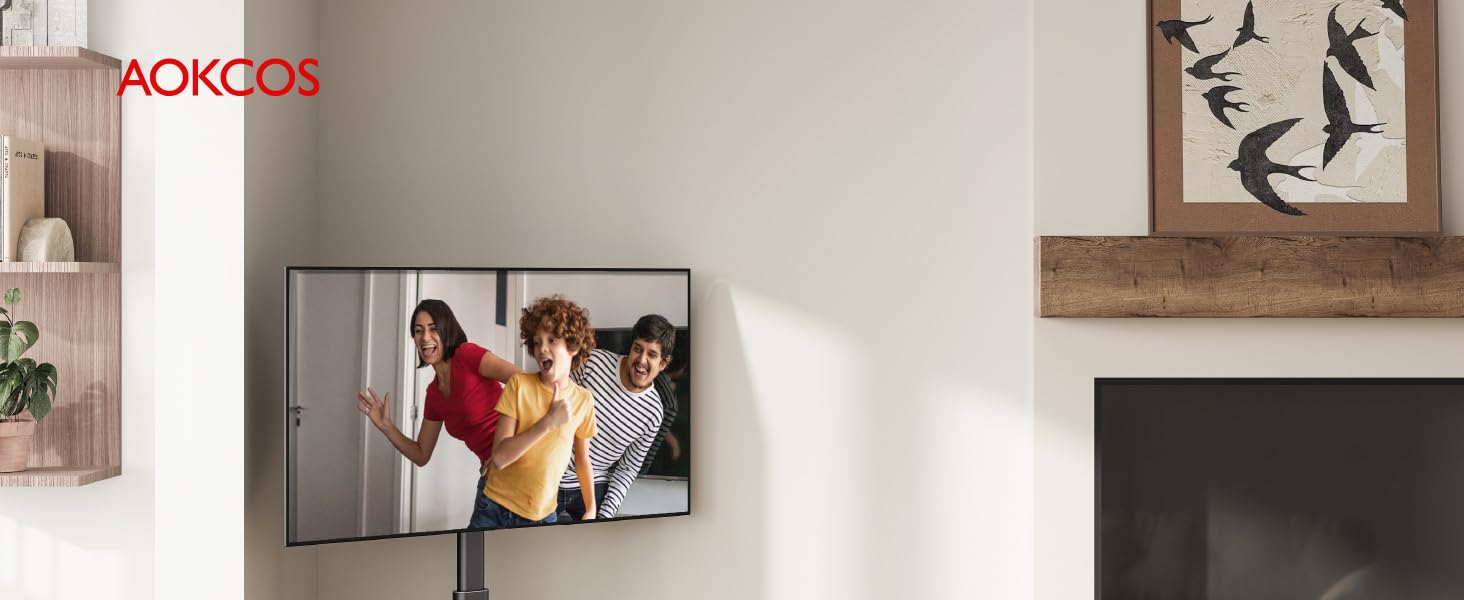 AOKCOS Rolling TV Stand with Wood Shelf - Adjustable Height & Swivel - VESA 400x400 - Holds 32-65 Inch TVs up to 40kg