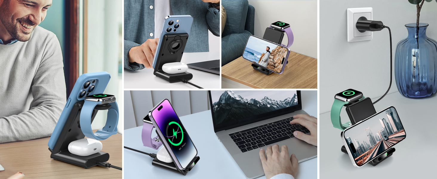 3-в-1 Бездротовий зарядний пристрій: для iPhone 16, 15, 14, 13, 12, 11 Pro Max, Apple Watch та AirPods Pro