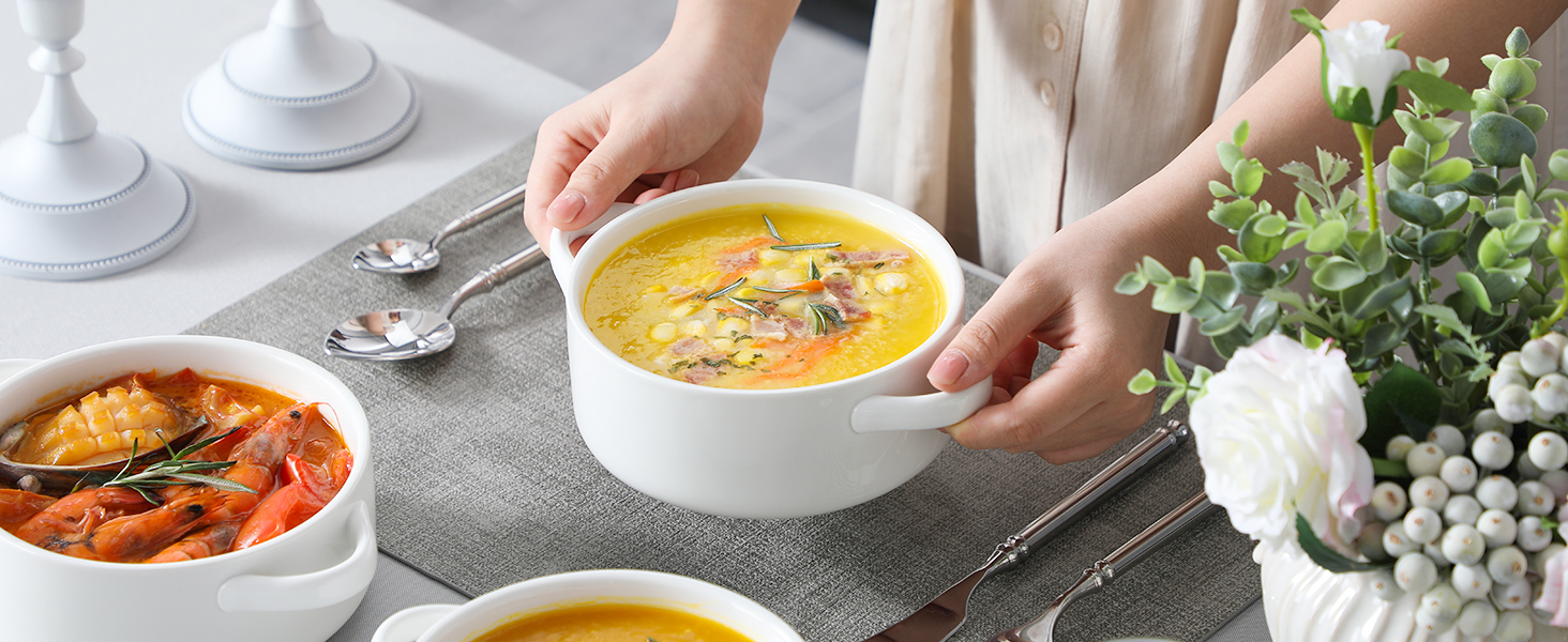 MALACASA Набір супових тарілок з ручками, 800 мл, 4 шт, порцеляна, білий, для французької цибулевої супи, каші та рагу