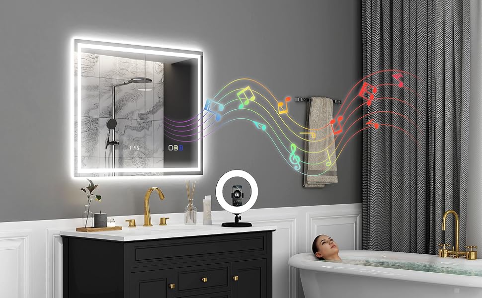 Дзеркало для ванної кімнати HOMCOM з підсвічуванням 100x80 см, LED, Bluetooth, годинник, 3 кольори світла, антизапар, сенсорне керування, срібне