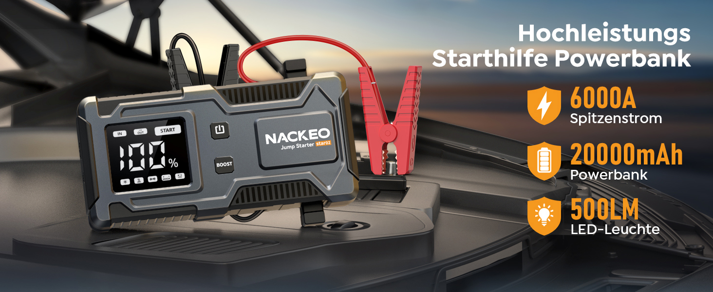 Powerbank Starthilfe 6000A: Зарядний пристрій для автомобіля 12V з кабелем, LED-лампа та дисплеєм (до 9L бензин, 7L дизель) - для SUV, мотоциклів, газонокосарок