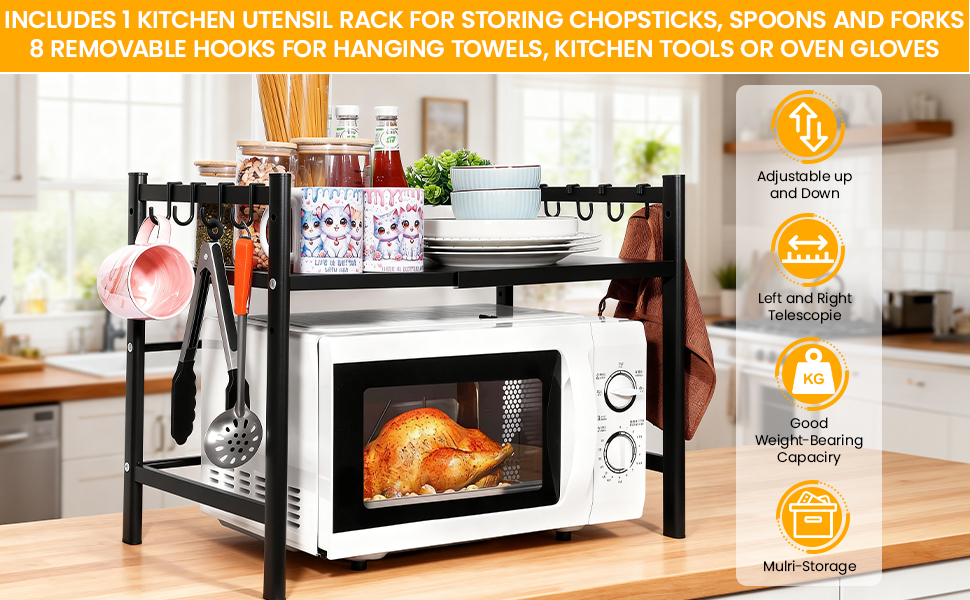 Регульована підставка для мікрохвильовки 2-ярусна, розширювана полиця для кухні з вуглецевої сталі з 8 гачками, органайзер для кухонних аксесуарів, стійка для мікрохвильовки та полиця для зберігання, кухонна полиця для випічки
