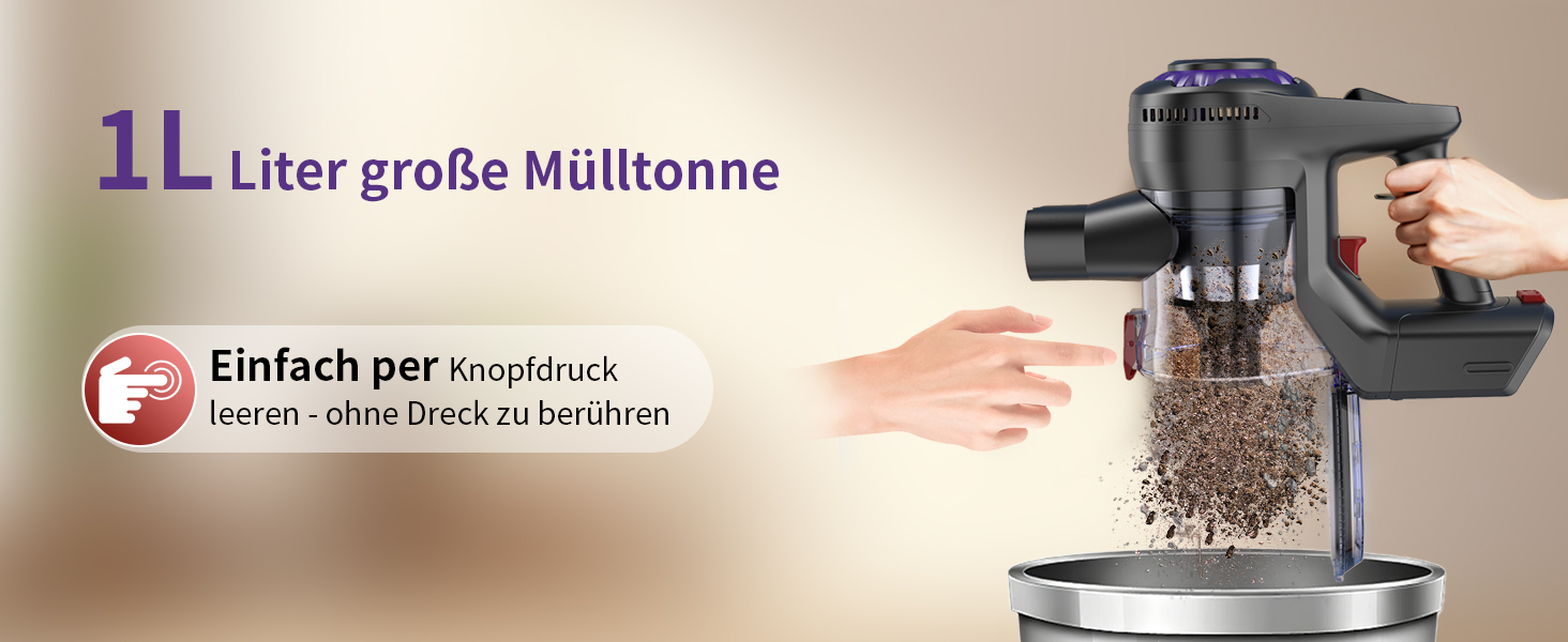 Бездротовий акумуляторний пилосос 450W, 40KPa, без мішка з HEPA-фільтром та LED-дисплеєм, антизаплутана щітка, самостійна підставка з кріпленням на стіну, час роботи 50 хв, для килимів, твердих підлог, шерсті тварин та авто