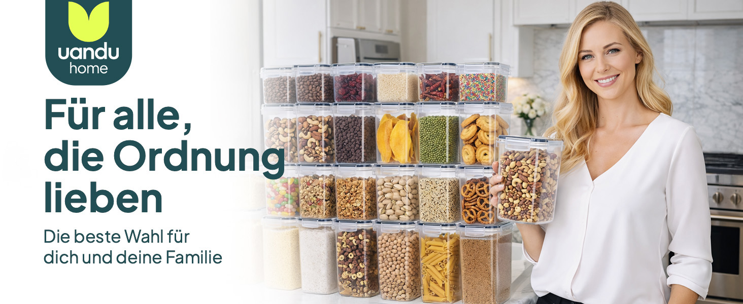 Набір контейнерів для зберігання Uandu з кришкою, 24 шт. BPA Free, для кухні: мюслі, борошно, цукор, з ручкою та етикеткою чорного кольору