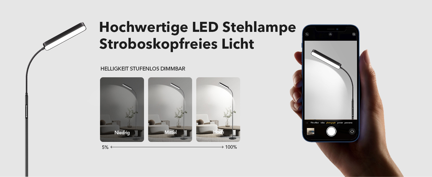 LED торшер Ehaho з димеруванням, чорний | Лампа для читання з пультом дистанційного керування | Тепле, нейтральне, холодне біле світло | Сучасний торшер для спальні, вітальні, офісу