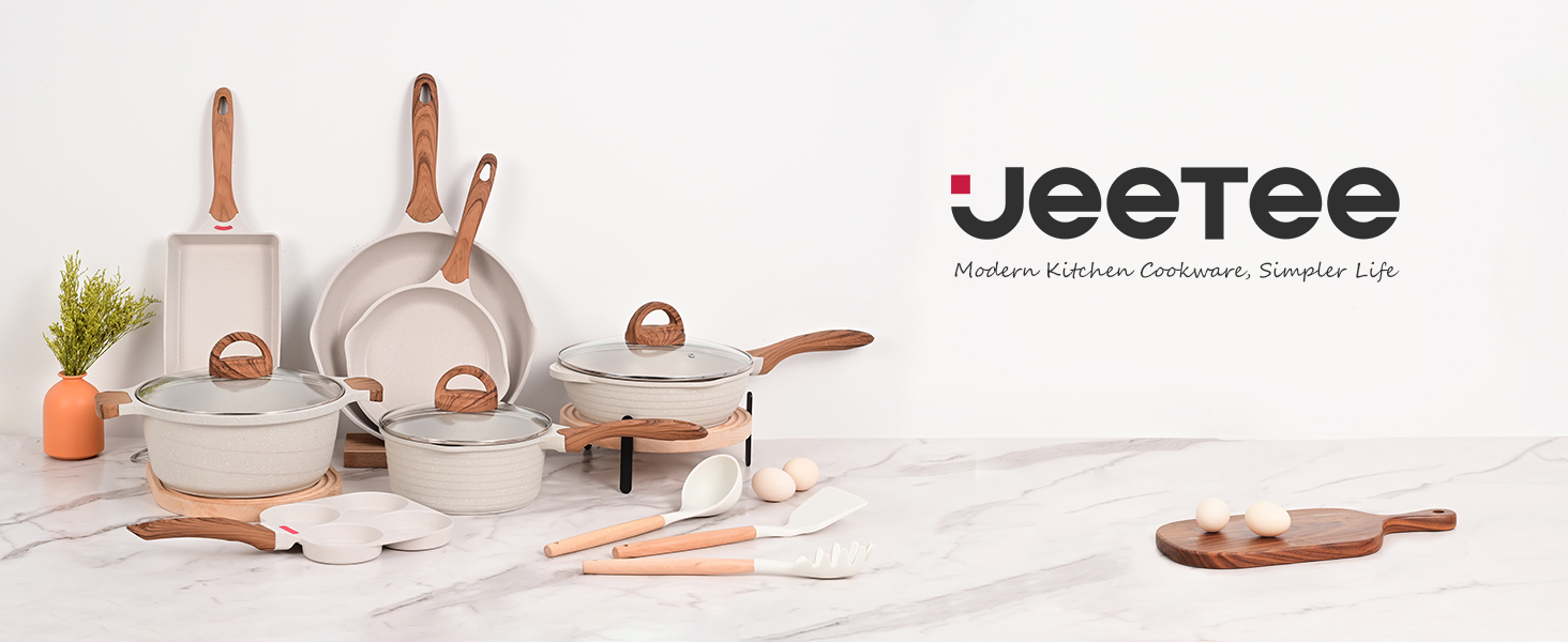 Каструля JEETEE 16 см, 1.5 л з кришкою, антипригарне покриття, для плити (індукційна, електрична, газова), бежева