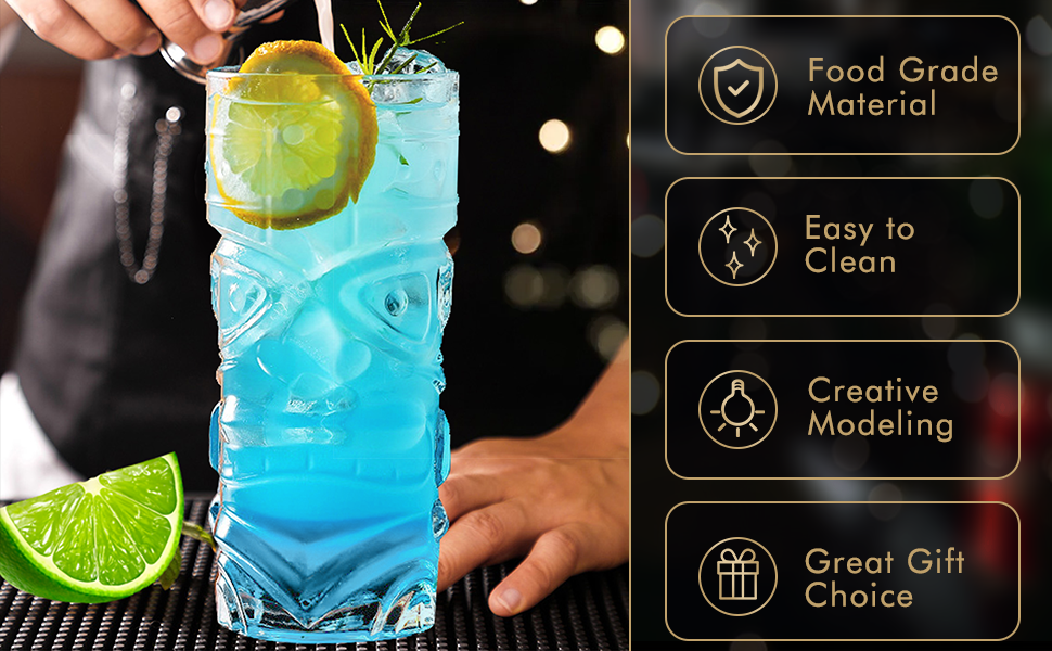 Набір склянок Tiki, 170-400 мл, прозорі, для екзотичних коктейлів, Mai Tai, гавайських коктейлів, тропічної тематики