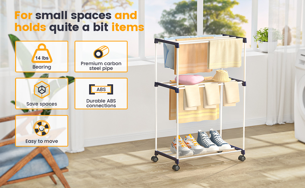 Сушарка для білизни мобільна, 3-ярусна, з коліщатками для ванної кімнати, квартири та пральні