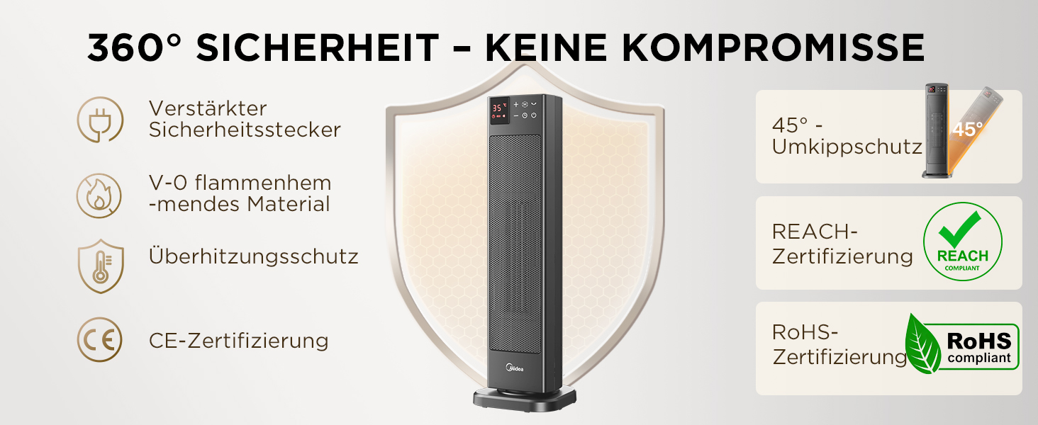 Електричний обігрівач Midea Ceramic 2000W з термостатом, 3 режими, таймер 24г, захист від перегріву та перекидання, миттєве тепло для офісу та спальні (сірий, 58см)