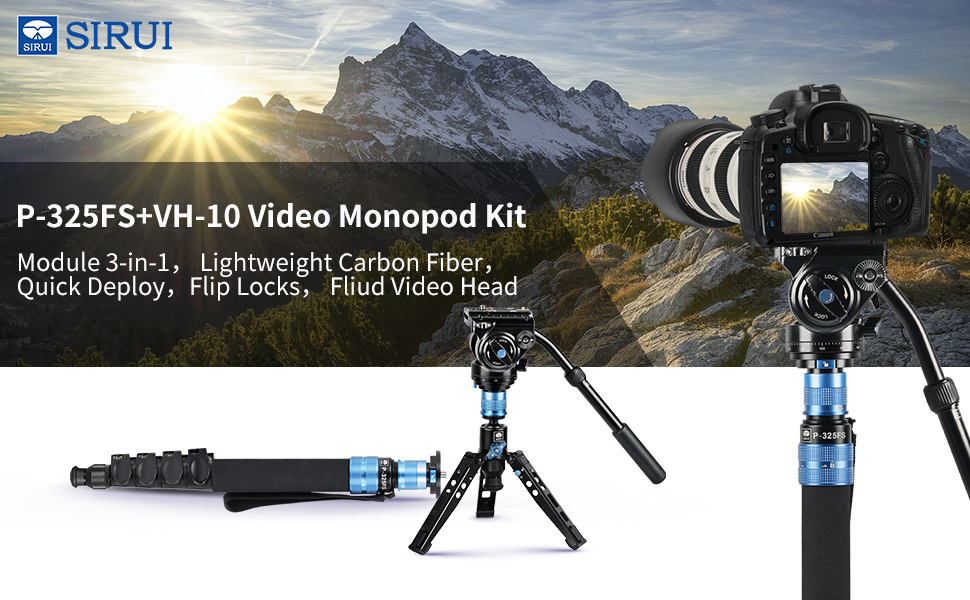 SIRUI Monopod P-325FS+VH-10: Вуглецеве моноподіум, 170 см, для DSLR, вантажопідйомність 10 кг