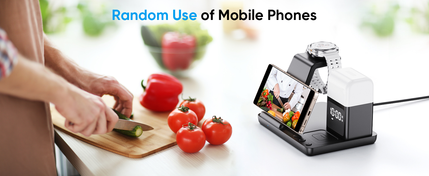 База для бездротової зарядки 6-в-1 з годинником та нічником для Samsung Galaxy (15W, чорний)