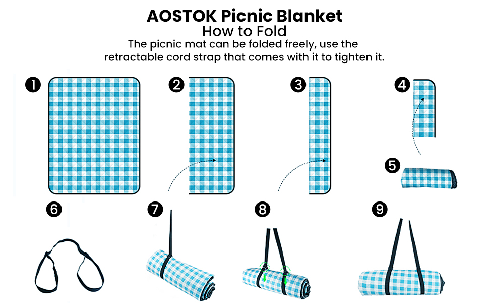 AOSTOK Плед для пікніка, пляжний килимок, вологостійкий з ручкою, 200x150 см, блакитний