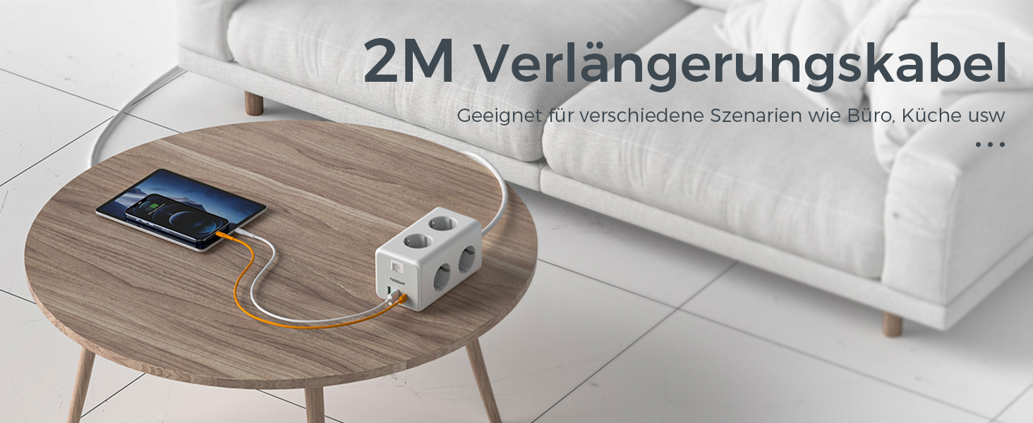 Мережевий фільтр TESSAN 6-fach з USB-C, 9 в 1 з вимикачем, 2 метри кабелю для дому та офісу