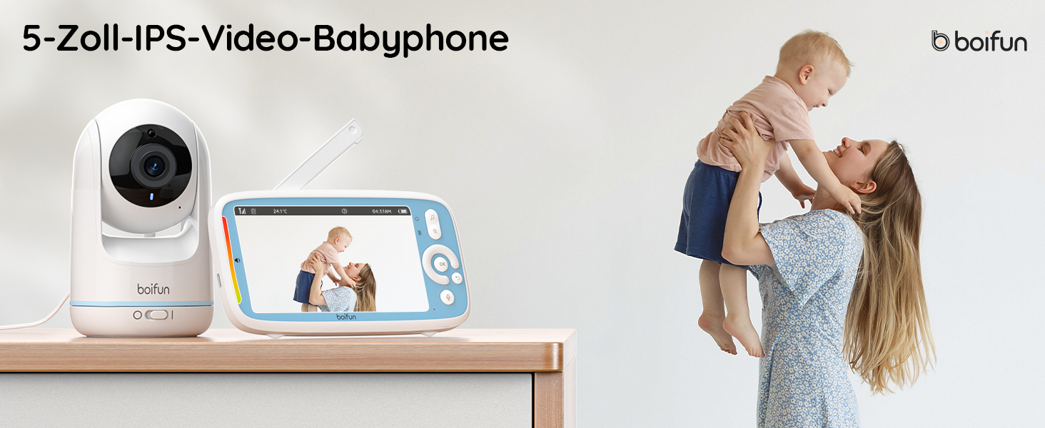 BOIFUN Дитячий відеоняня з камерою, 5' 720P IPS, без Wi-Fi, нічне бачення 360°, датчик шуму/температури, двосторонній зв'язок, радіус дії 300м, Plug & Play, акумулятор 3050mAh, колискові