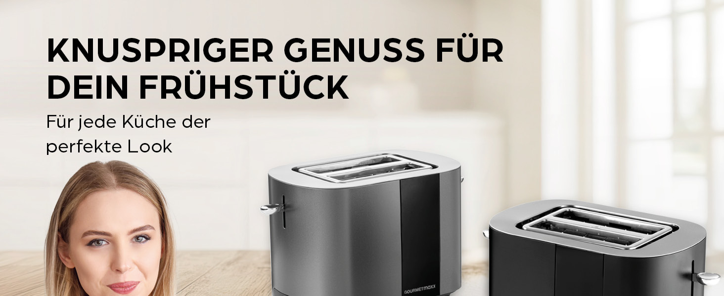Тостер GOURMETmaxx Kurzschlitz для 2 тостів | Антрацитовий колір, 6 рівнів підсмажування, таймер, підставка для бургерів, функція підігріву | Електричний тостер з сенсорним дисплеєм