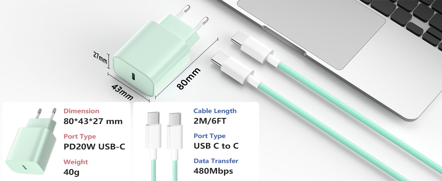 Зарядний пристрій USB-C 20W з кабелем Type-C 2м для iPhone 16/15/Pro/Air, iPad - Рожевий + Зелений (2 шт)