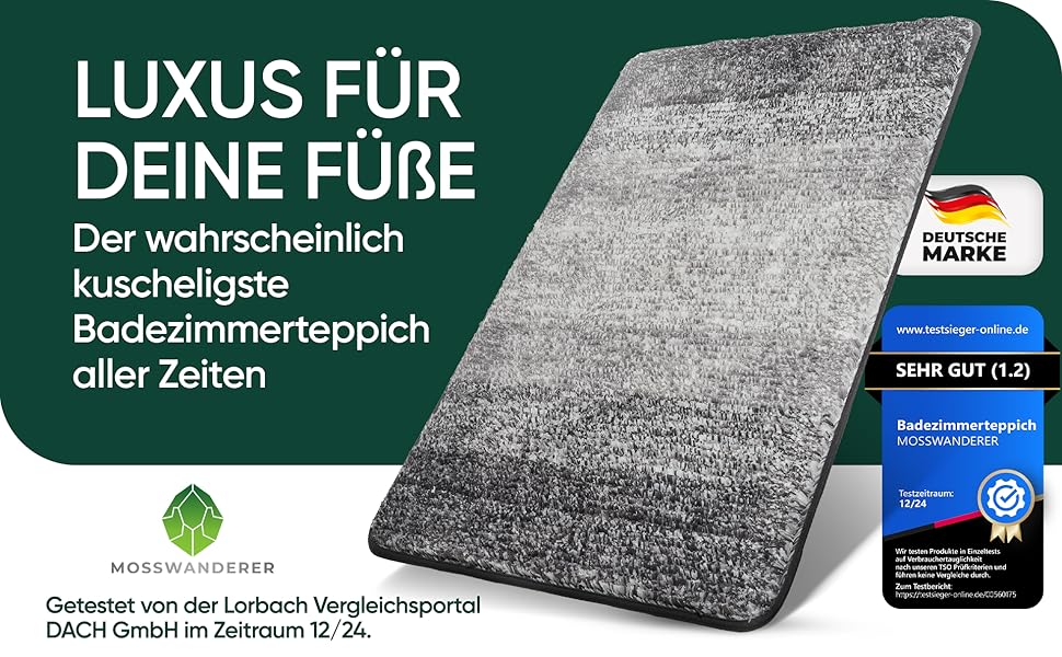 MOSSWANDERER Non-Slip Bathroom Rug - 60x90cm | Washable Luxury Bath Mat | Modern Black & Gray Design | Absorbent Floor Mat for Bathroom, Shower & More