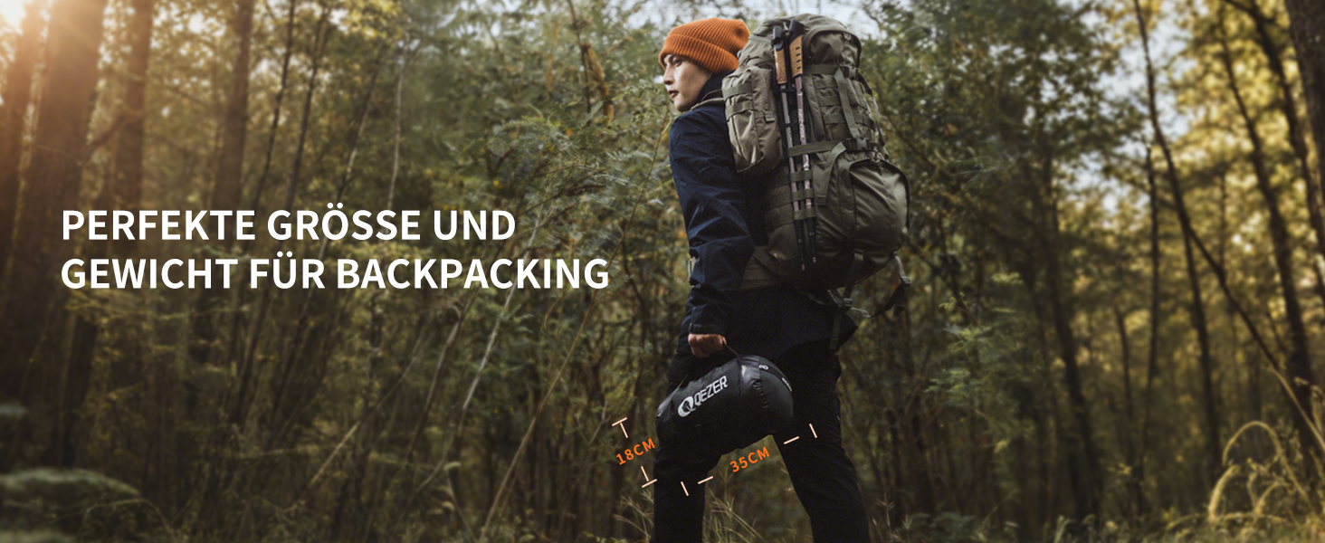 QEZER Ultralight Down Sleeping Bag - 8°C to -3°C for Camping, Hiking, and Trekking - 3 Season Outdoor Sleeping Bag