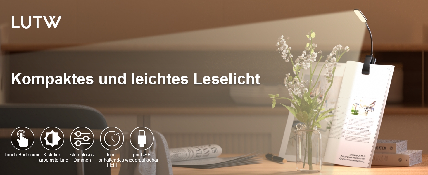 LED лампа для читання з кліпсою, USB перезарядна, 3 режими температури кольору, регульована яскравість, 360° гнучкий світильник для ліжка, столу та подорожей, білий (чорний)