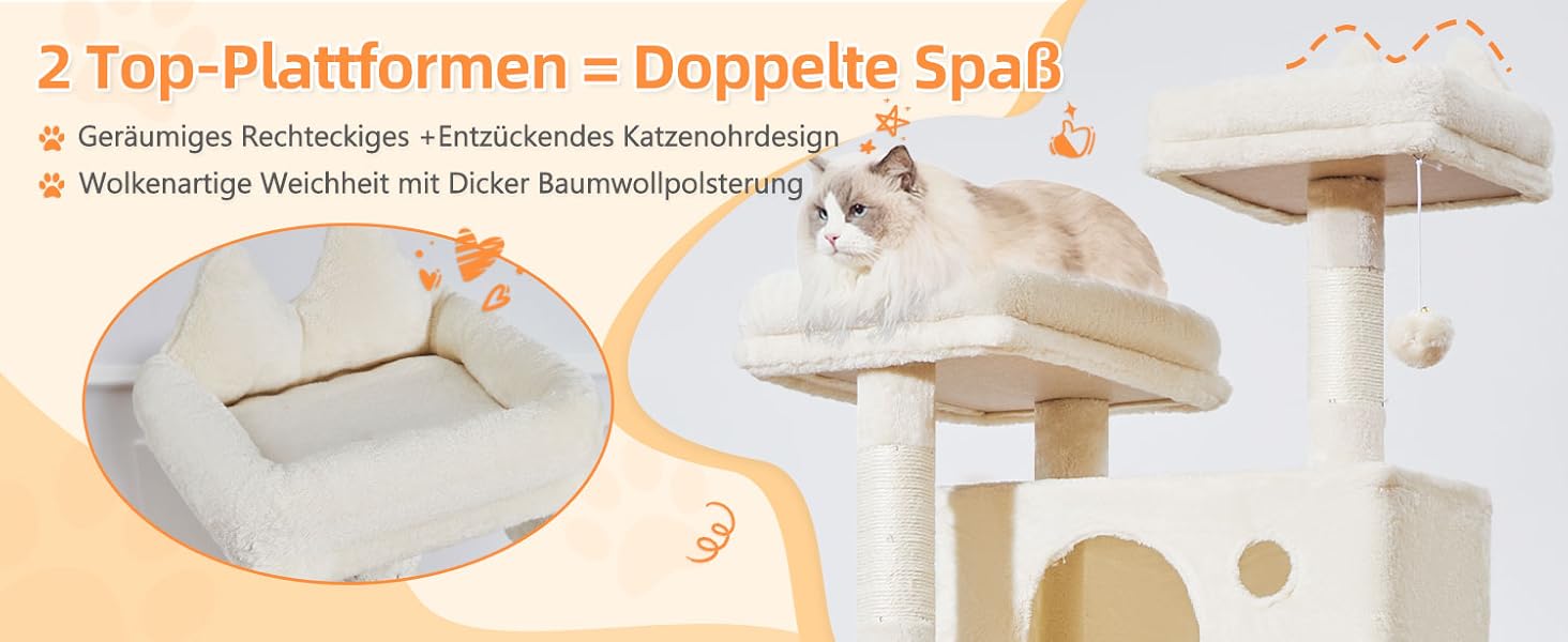 Дерев'яний кігтеточки Taoqimiao MS026W (Бежевий, 180 см) з 2 будиночками, гамаком та 8 кігтеточками