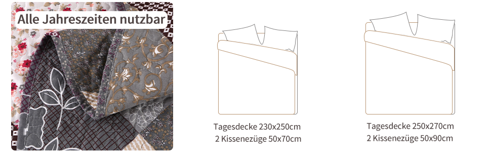 Tagesdecke Qucover для двоспального ліжка 220x240 см, стеганий комплект з подушками, квітковий принт, фіолетовий колір