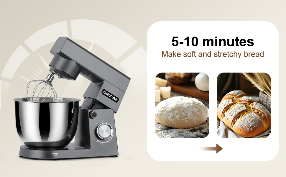 Кухонна машина Cheflee 1500W з місткими чашами 4.5 та 5.5л з нержавіючої сталі, 10+ швидкостей, набір насадок (міксер, гак для тіста, вінчик, захист від бризок) (Darkgrey)