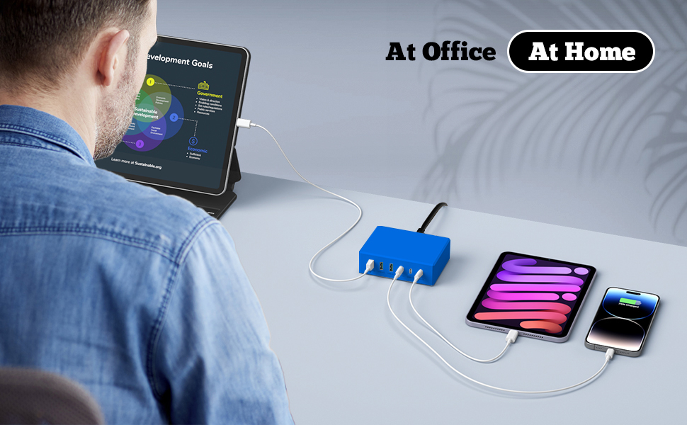 Зарядний пристрій USB-C 120W GaN, багатопортова станція 6 портів для iPhone/Samsung/Google/планшетів, синій