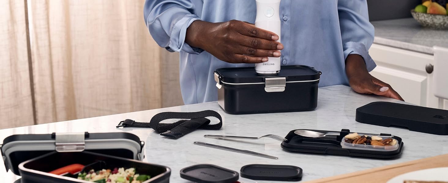 Вакуумний ланч-бокс Zwilling Fresh & Save з набором сталевих столових приборів, ударостійкий, чорний