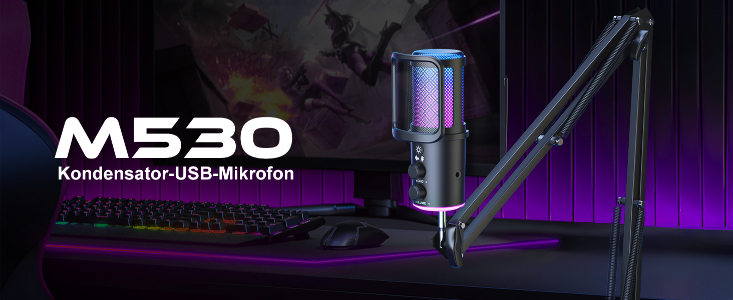 Професійний USB мікрофон для стрімінгу, подкастів та YouTube з RGB підсвіткою та кріпленням 