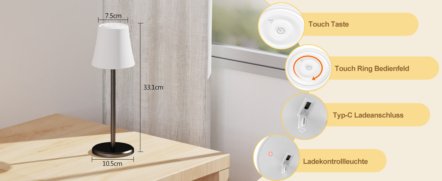 Бездротова LED лампа Suright для столу: регульоване світло, 3 кольори + RGB, сенсорне управління, IP54, для дому та відпочинку