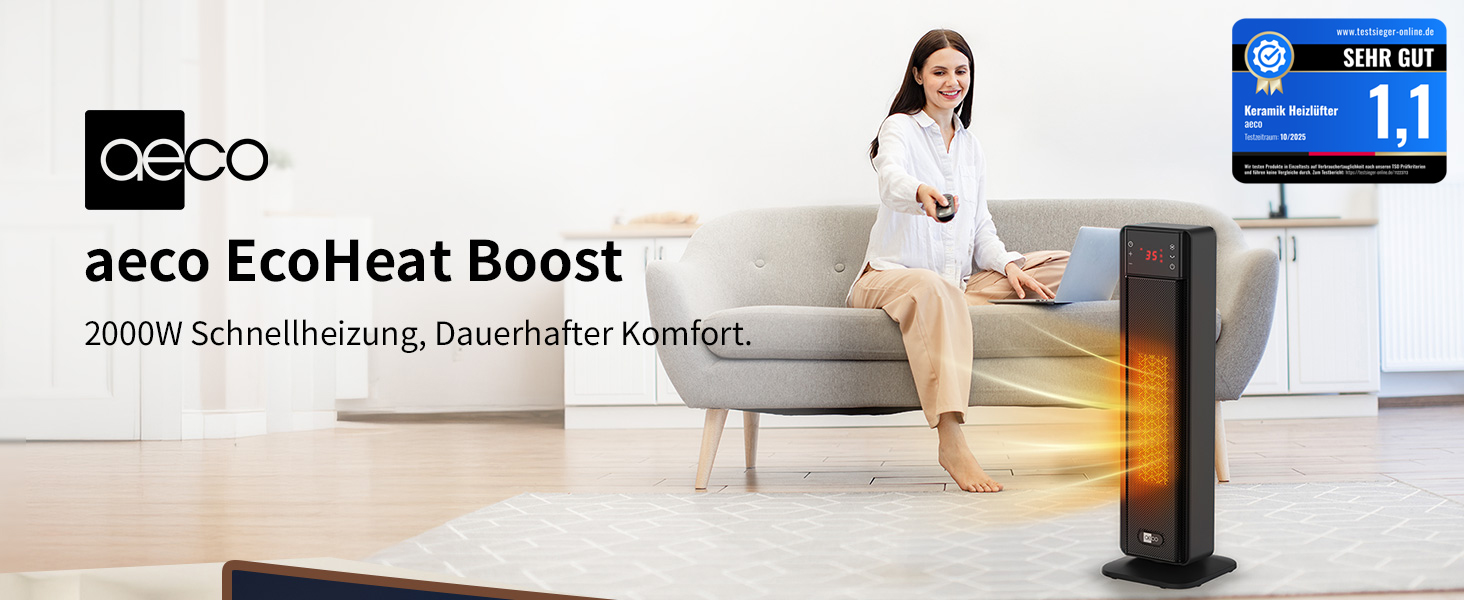 Електричний обігрівач Aeco EcoHeat Boost 58 см з пультом керування, 2000 Вт, LED ECO-режим, таймер 24 год, 4 режими, тиха кераміка, термостат, захист від перегріву та перекидання, осциляція. Smart Tower ECO