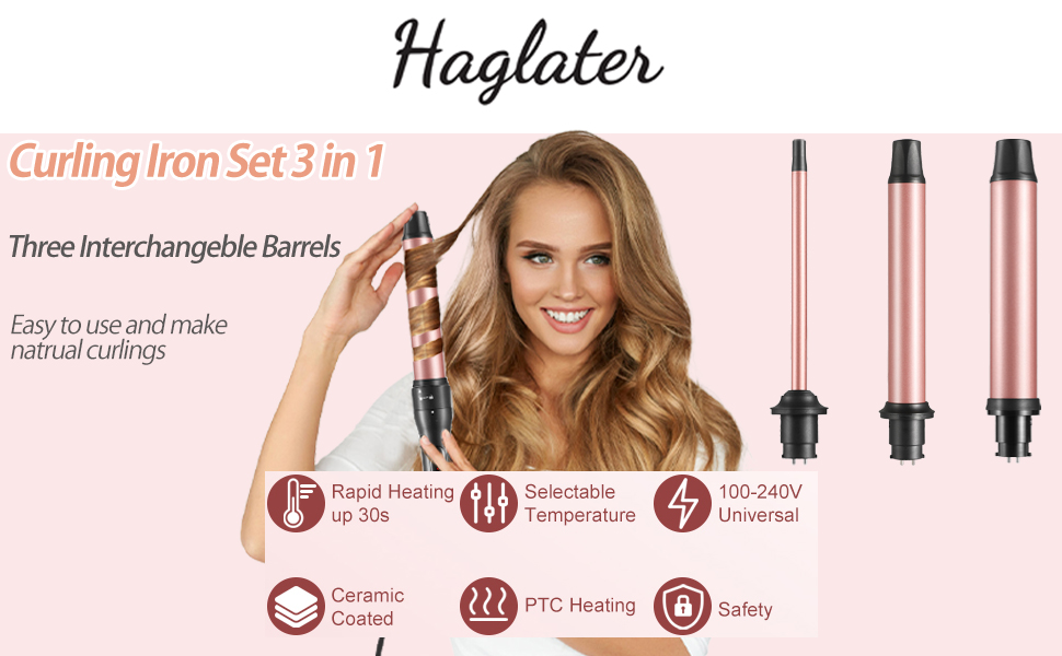 Haglater Lockenщипці 3 в 1: мультифункціональний стайлер з насадками для великих та маленьких локонів, для створення хвиль, керамічне покриття