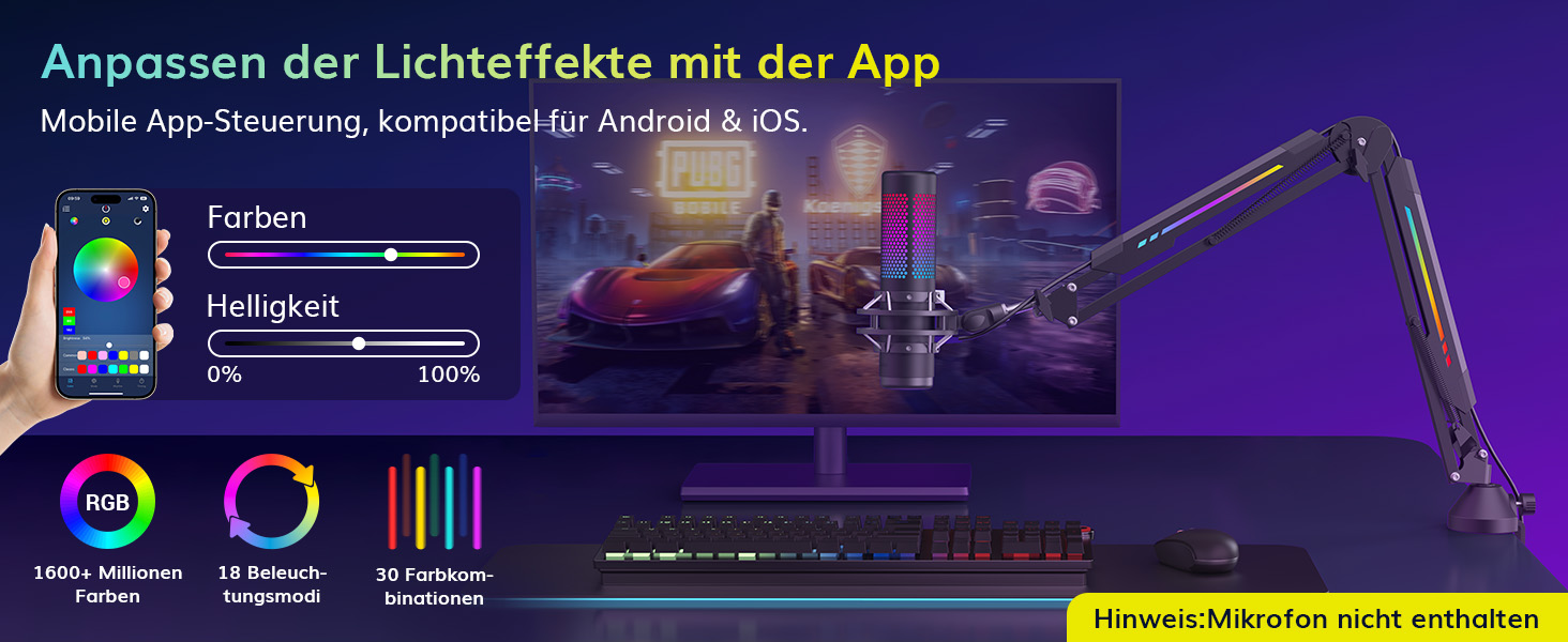 Кріплення для мікрофона TONOR T90 з RGB підсвічуванням, регульоване через APP, 11 режимів світла, сумісне з усіма мікрофонами