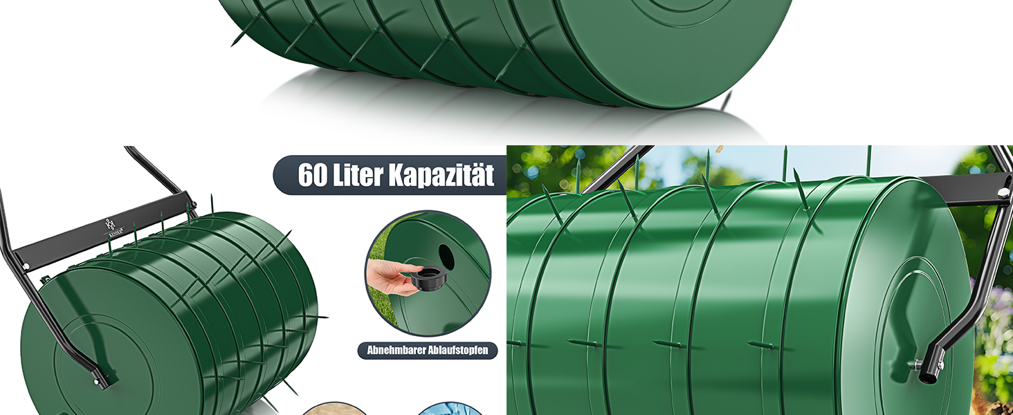 Каткова для газону KESSER, металева, наповнювана водою або піском, 60 л, 50 см, зелена, садова котка з 5 насадками-шипами та рукавичками