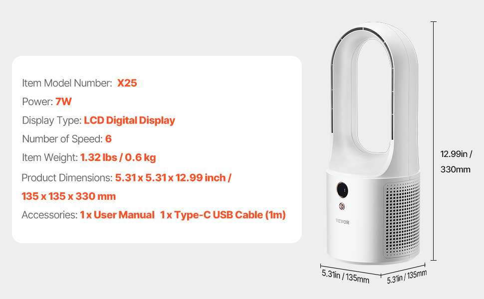 Безлопатевий вентилятор VEVOR 330 мм, портативний USB-вентилятор, 6 режимів, тихий, з LCD-дисплеєм, для дому, офісу, дитячої кімнати