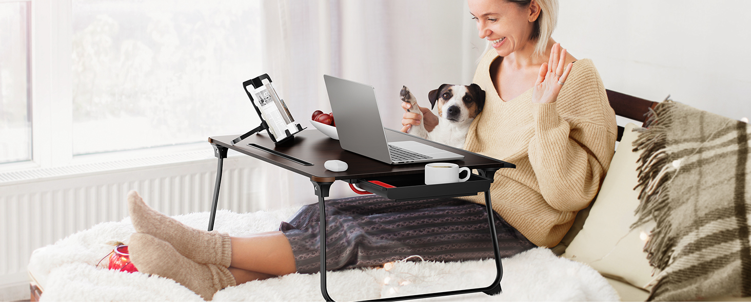 SAIJI Розкладний столик для ноутбука XXL з ящиком та підставкою для книг/телефону (65 x 49 x 30 см, чорний)