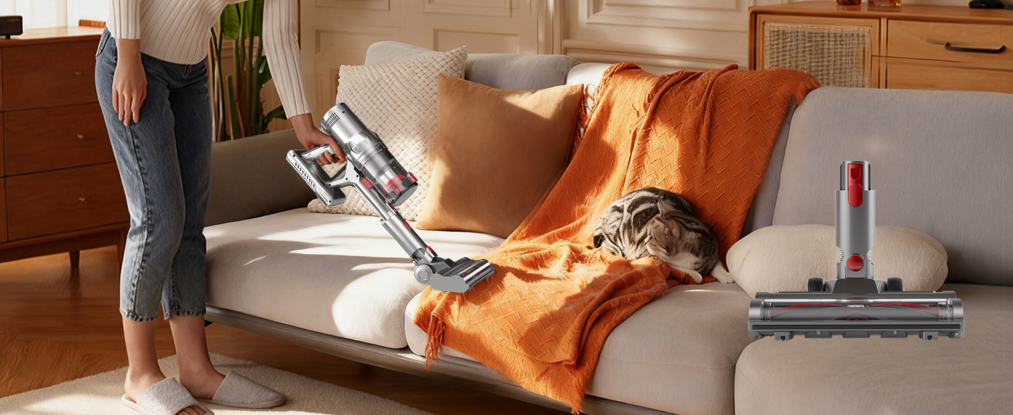 Бездротовий пилосос Hearten 4-в-1 з акумулятором, LED-дисплеєм та щіткою проти намотування, керуванням в один дотик, LED-підсвічуванням для шерсті тварин/килимів/твердих підлог, фіолетовий