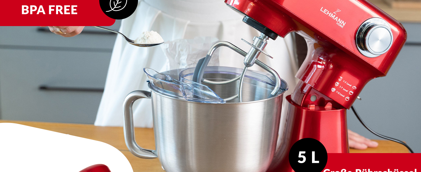 Кухонна машина LEHMANN 1500W з набором аксесуарів, планетарний міксер з чашею 5л, 12 швидкостей, захист від перегріву, червоний