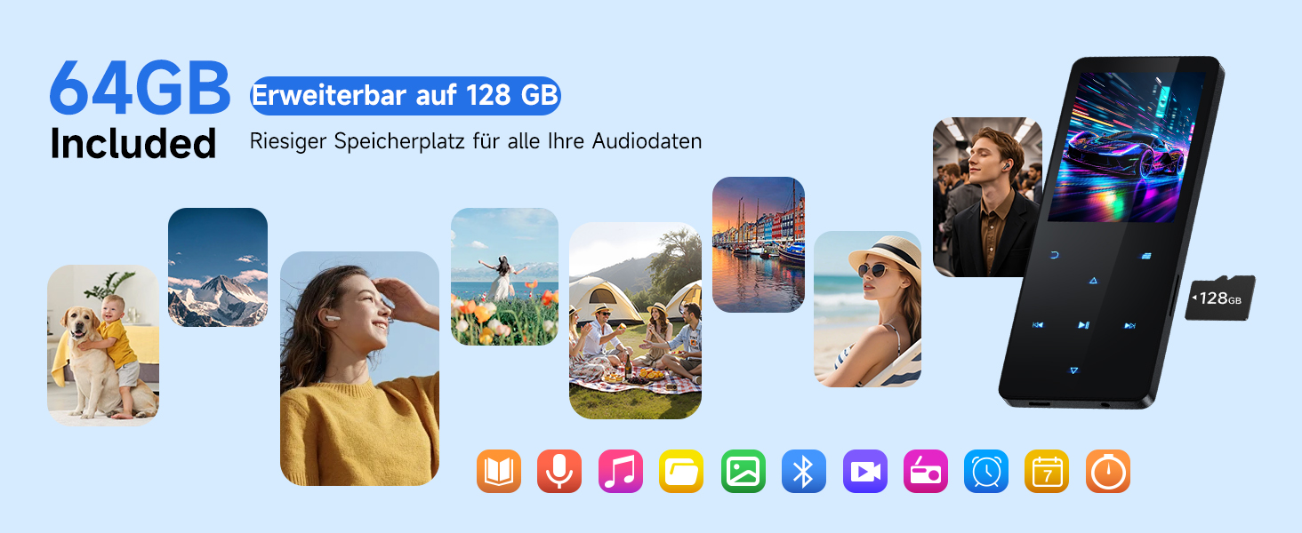 MP3 плеєр 64GB з Bluetooth 5.3, чорний: портативний музичний плеєр з динаміком, диктофоном, FM-радіо, підтримкою карт пам'яті до 128GB