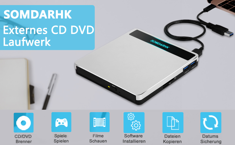 Зовнішній CD/DVD привід для ноутбука, тонкий Slim-записувач з алюмінієвим корпусом та чохлом (Сріблястий)
