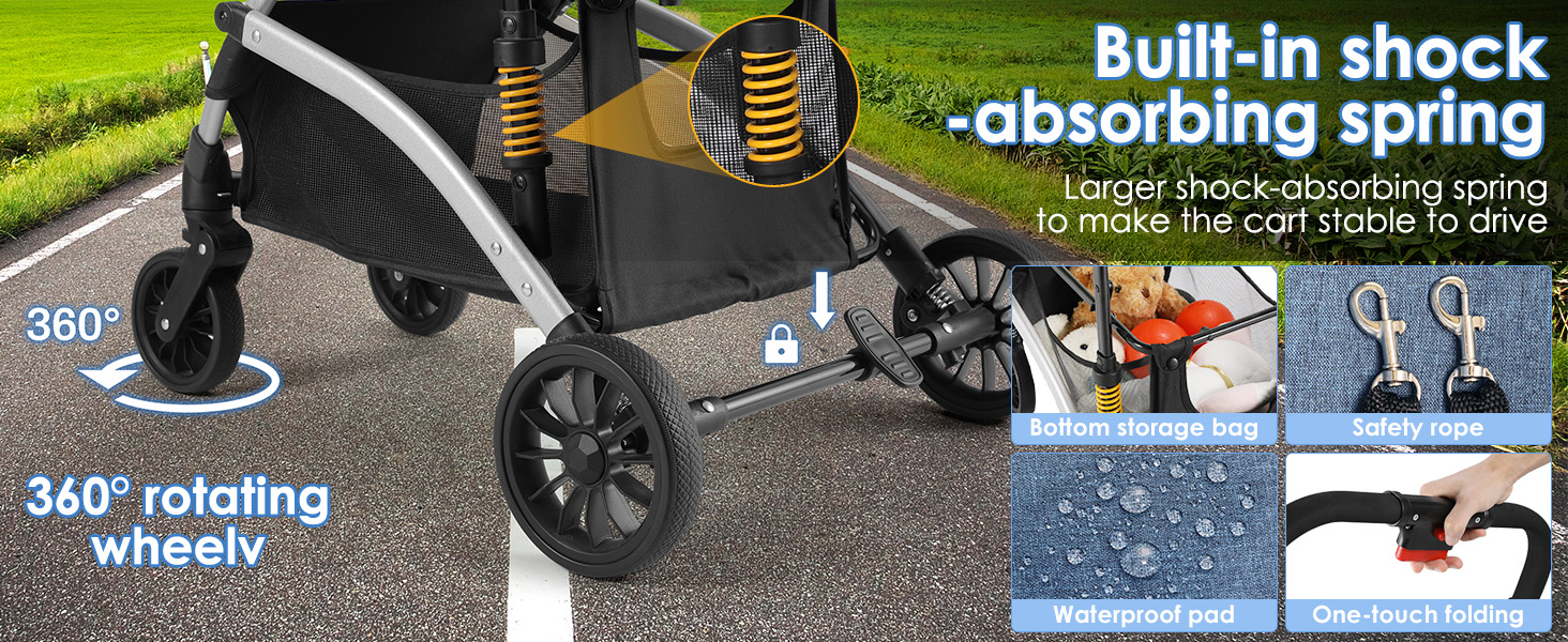 Візок для собак Mamizо 3-в-1: візок, переноска, сумка, до 20 кг, з відкидною конструкцією, 360° колеса, колір срібно-блакитний