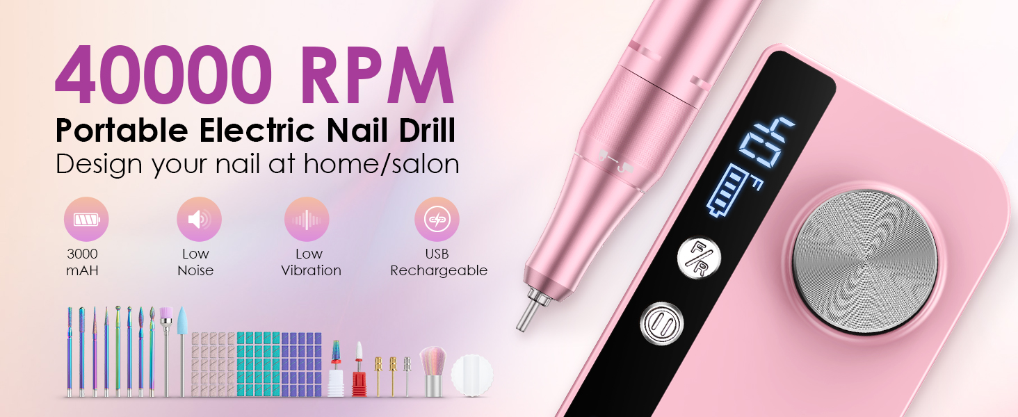 Електричний апарат для манікюру та педикюру з LCD-дисплеєм, 40000 об/хв, 15 насадок, рожевий. Для професійного та домашнього використання